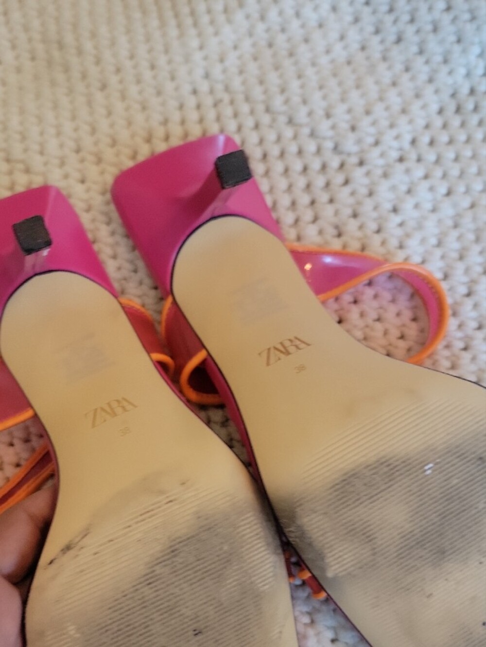 ZARA Pink and Orange Strappy Square-Toe Heels - Picture 3 of 4